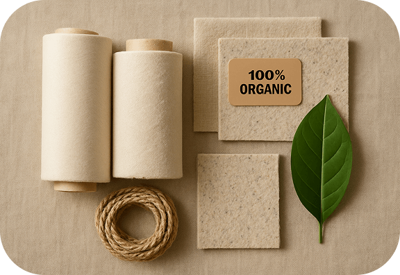 Organic materials: fabric rolls, twine, and a green leaf with a 100% organic label